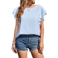 thumbnail image 2 of Tops de manga corta para mujer, cuello redondo, camisas casuales sólidas, blusa con volantes Pompotops hfajkhk129287, 2 of 9
