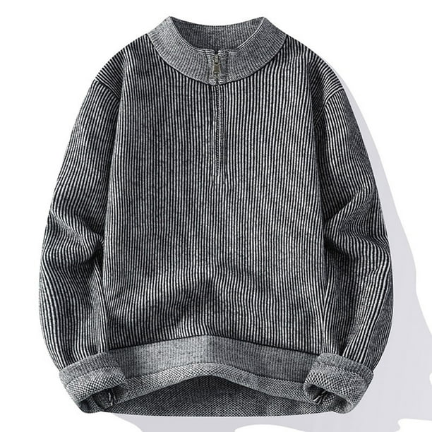 Blusas y camisas de manga larga con cuello redondo para hombre, estilo casual, de moda, con medio cuello alto y media cremallera, de punto con barra vertical, de manga larga, blusa de poliéster para h