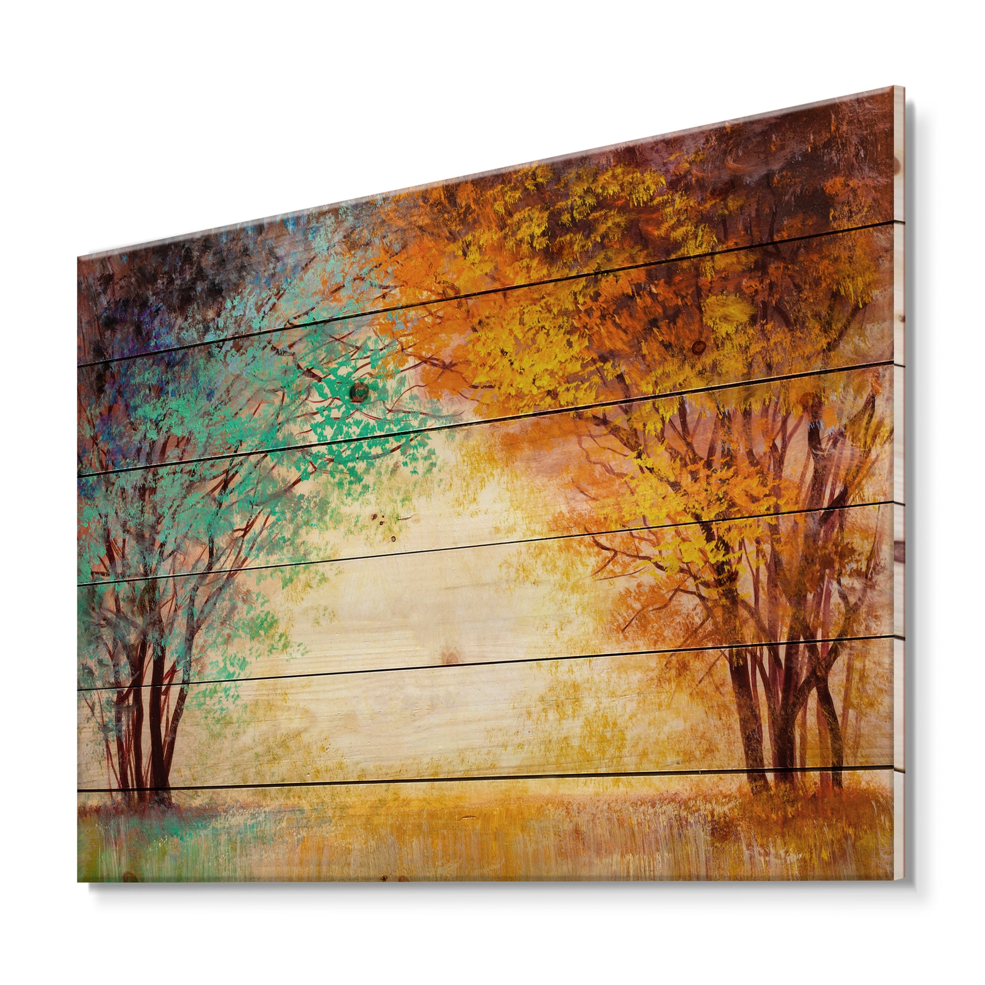 Designart 'Alley Through The Turquise Park In Autumn Sunset ' Traditional Print on Natural Pine Wood