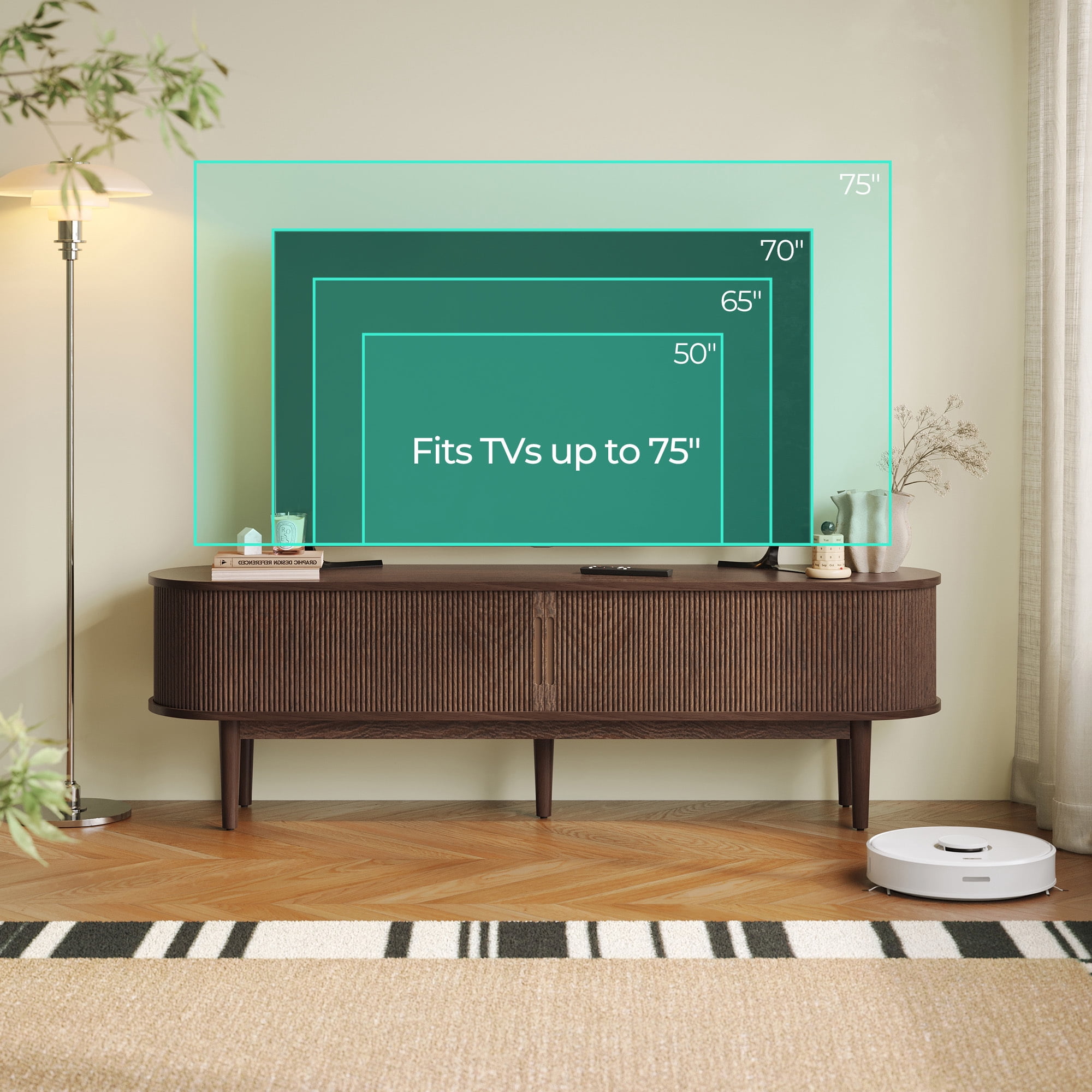 LINSY HOME Fluted TV Stand for TVs up to 75", Mid-Century Home Entertainment Center with Sliding Tambour Door and Adjustable Shelves, Walnut
