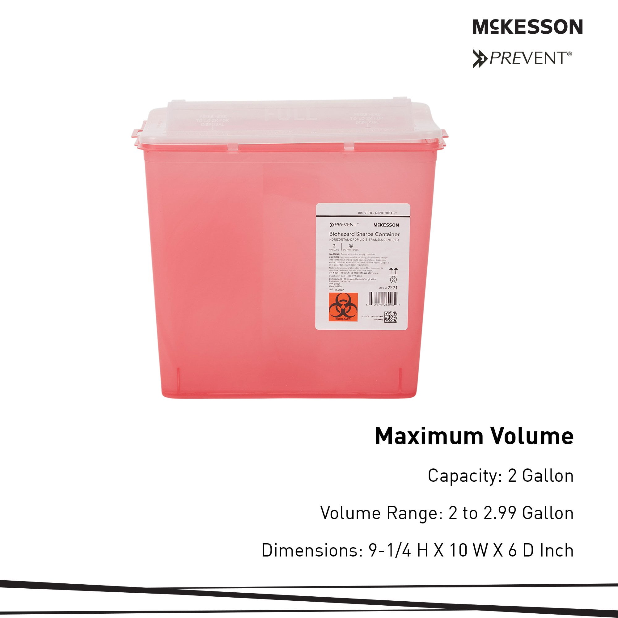 McKesson Prevent Biohazard Sharps Container, Plastic, 2 gal, 7 in x 10.2 in, 20 Ct