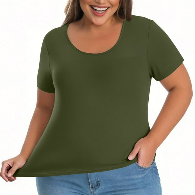JIUKE Hauts Grande Taille pour Femmes avec Soutien-Gorge Intégré Manches Courtes Col Rond Ajusté Extensible Taille TG