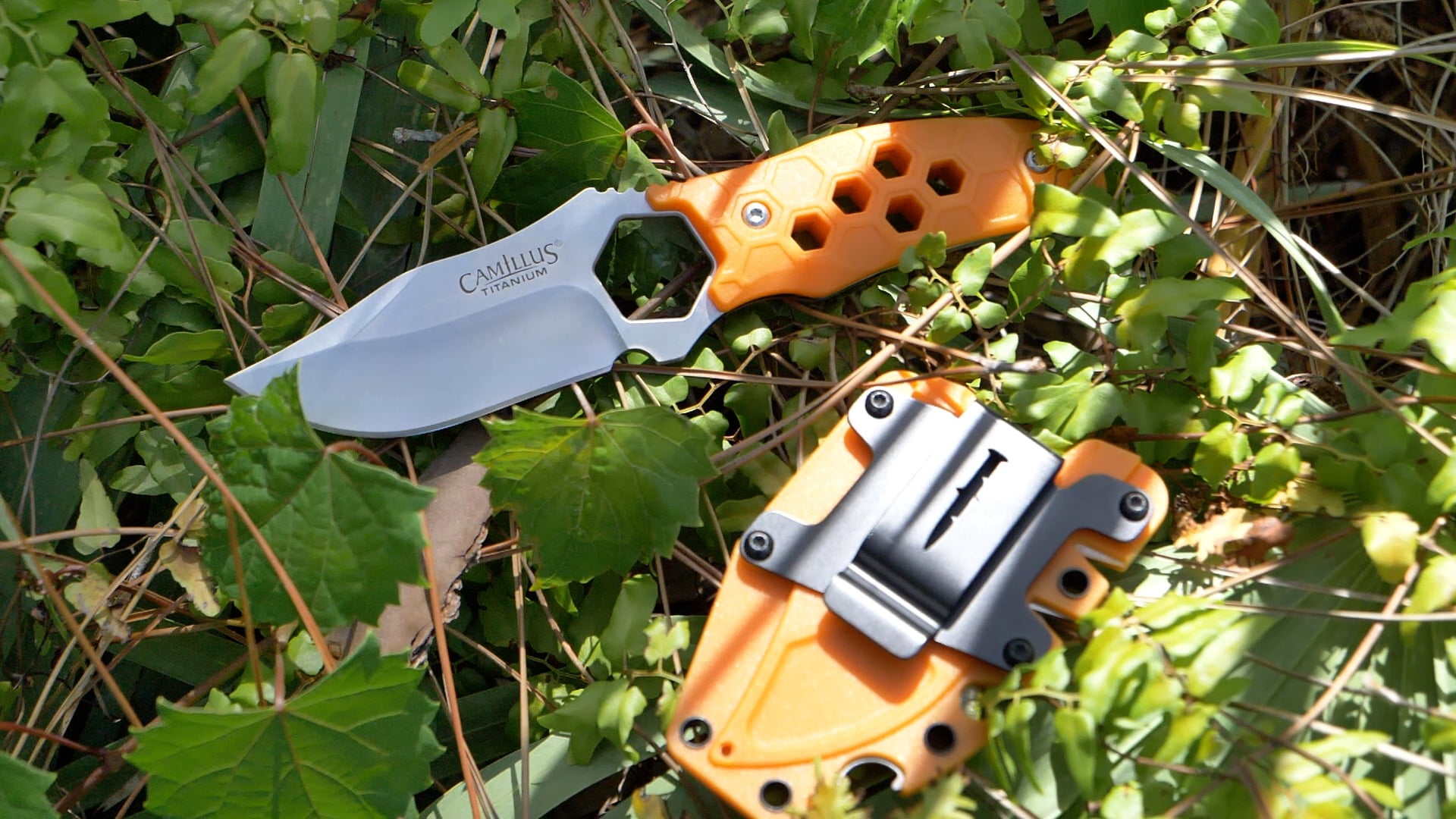 Camillus Comb 7.25" Fixed Drop-Point 3.5" Blade Knife with Sharpeners and Hard Sheath, Orange