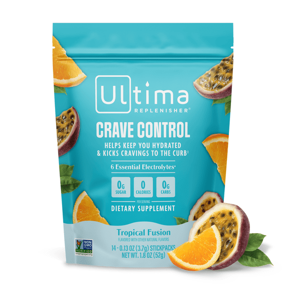 Ultima Replenisher Electrolyte Powder Drink Mix, Sugar Free Hydration Packets with Chromax and Ginger, Tropical Fusion, 14 Count Stickpacks
