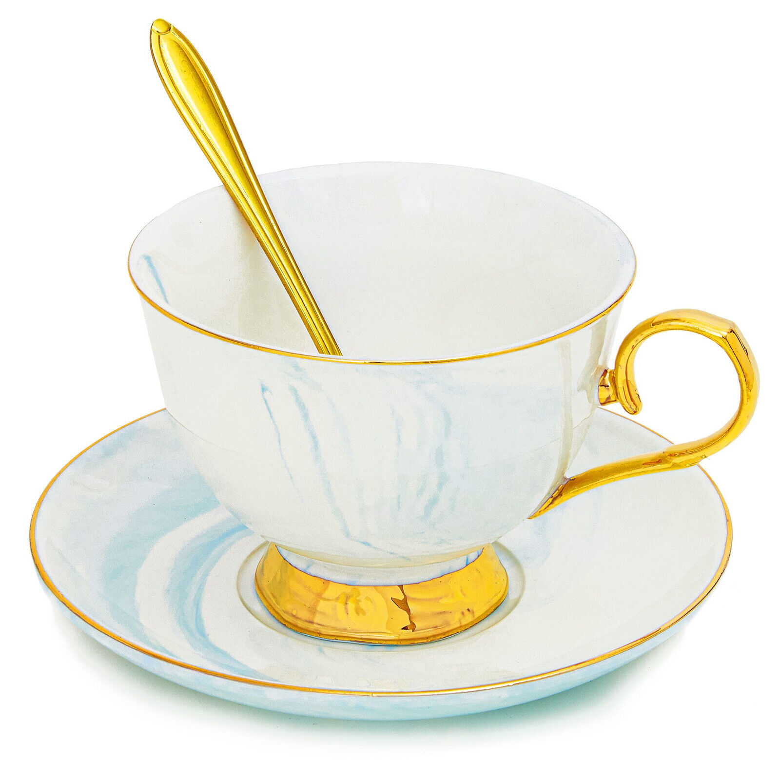 3Piece Blue Marble Tea Cup and Saucer Gift Set, 7 oz Teacup with Gold