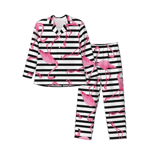 Balery Flamingos Pijama para Hombre de Dos Piezas con Manga Larga, Conjunto de Dormir y Descanso Suave con Bolsillos-Small