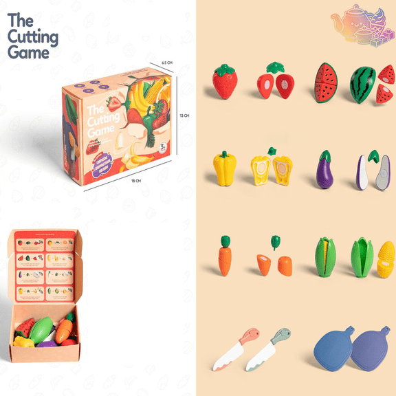 Kids Pretend Cutting Play Food Set with Detachable Fruits, Vegetables, Toy Knives and Cutting Boards, Kitchen Pretend Play House Toys, Cooking Chef Role Play Toy for Kids Ages 3 and Up
