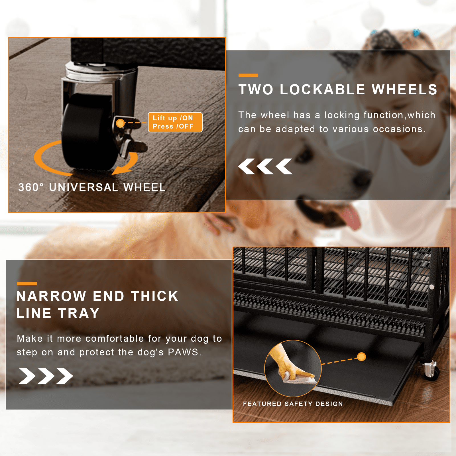 Waleaf 48 Inch Heavy Duty Dog Crate Cage with Wheels for Indoor, Large Dog Kennel with Removable Tray