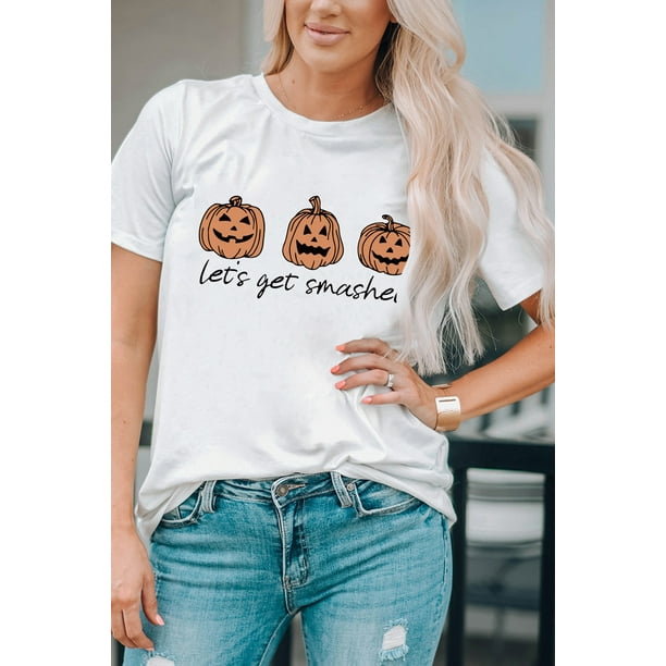 ABPHQTO Camiseta blanca de manga corta con estampado de calabaza Let's Get Smashed para mujer