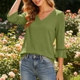 thumbnail image 5 of Bosfbaoi 3/4 Bell Sleeve Tops for Women Solid V Neck Hollow Trim Casual Blouses, 5 of 7