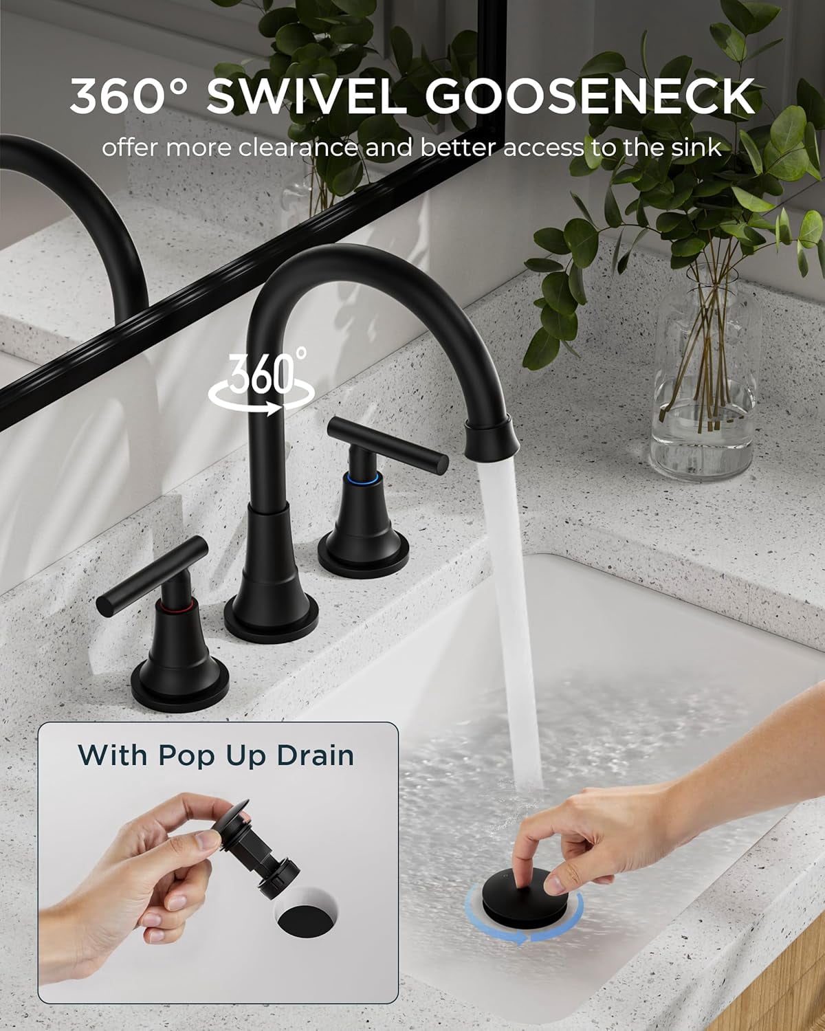 Zovajonia Matte Black  Bathroom Faucet 3 Hole Vanity, 2 Handle 360° Swivel 8 Inch Widespread Bathroom Sink Faucet , with Pop-up Drain, Supply Lines