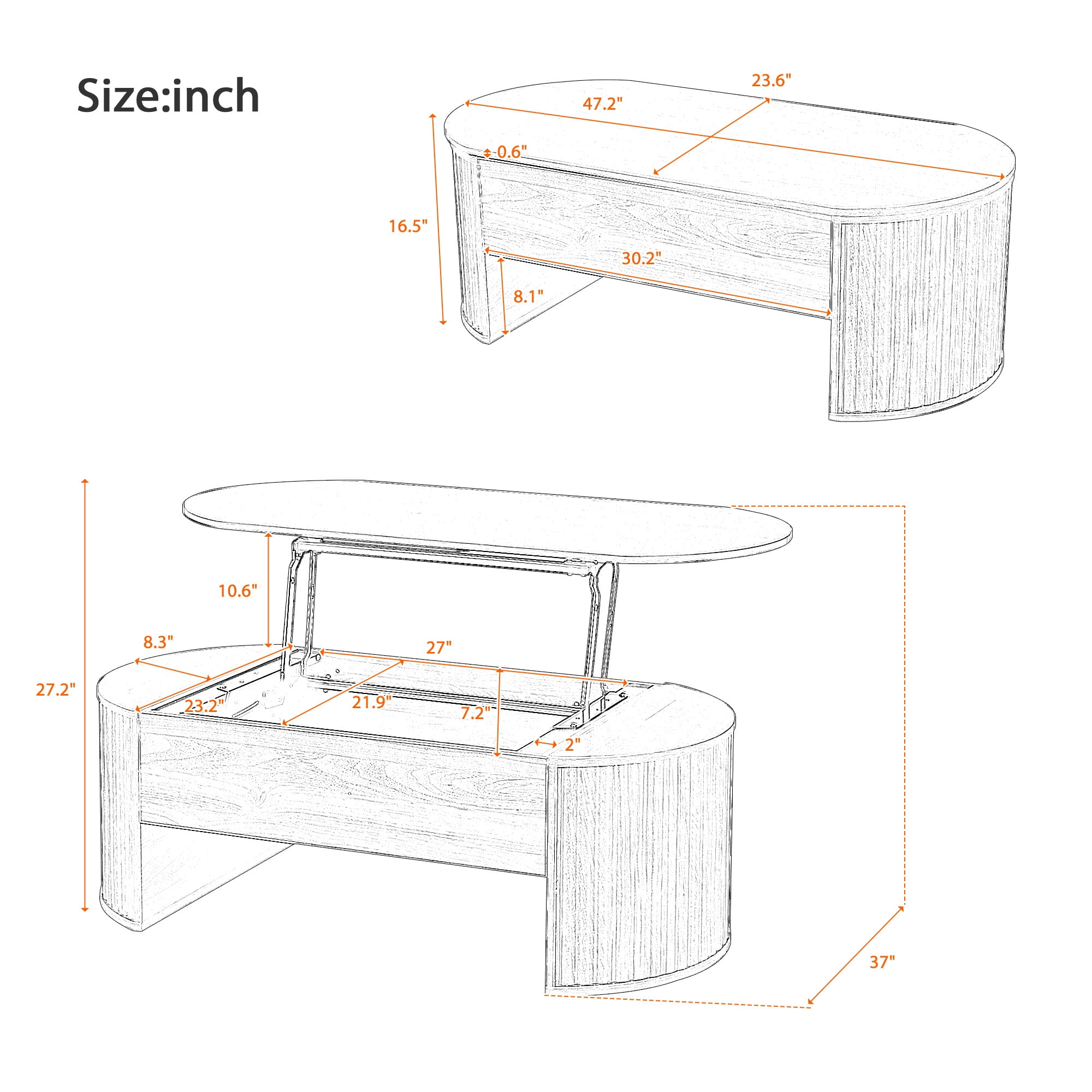 Homy Casa 47.2 in Lift Top Coffee Table with Hidden Storage Shelf for Living Room Natural Oak