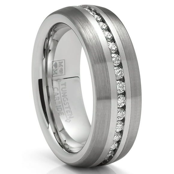 Mens Tungsten Carbide Ring Eternity Wedding Band Dome Brushed CZ 8MM