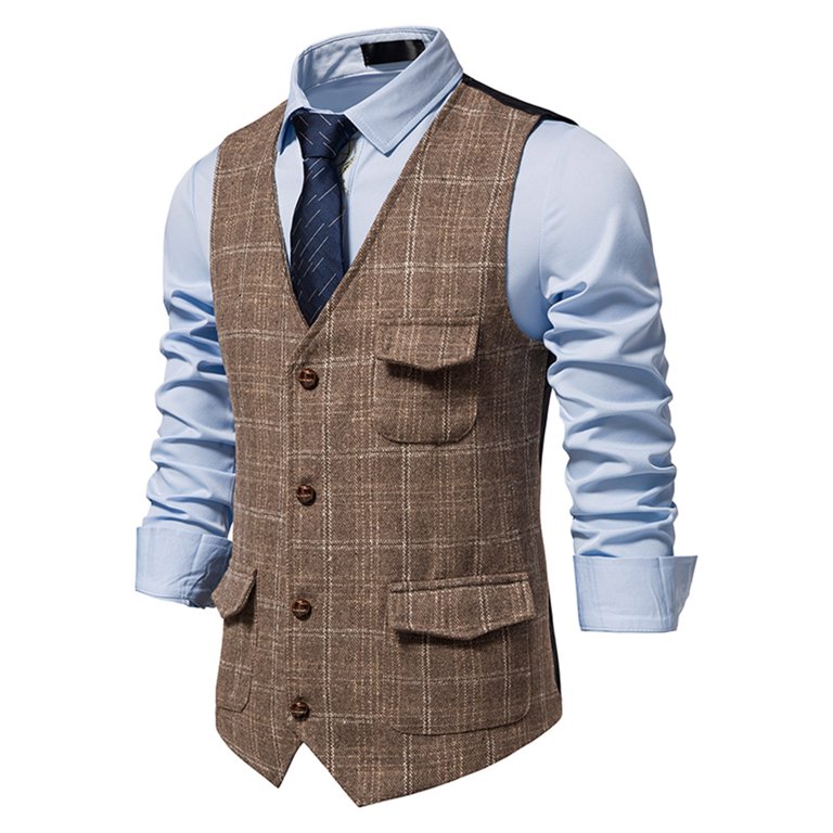 VSSSJ Men's British Style Vest Plus Size Plaid Tweed