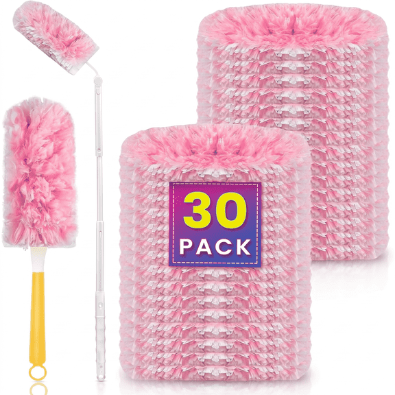 ROSEXIXI 30Pcs Pink Double Sided Static Duster Refills with Short & Long Handles, Dust Remover Brush for Desktop Gap Pet Hair Home Car Cleaning