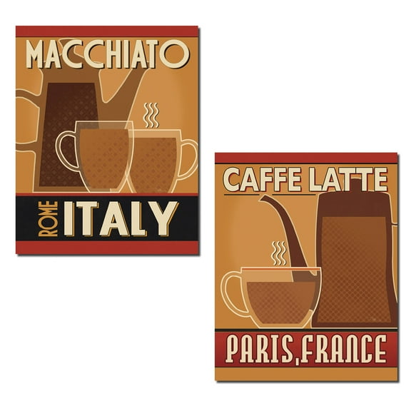 Retro-Style Caffe Latte and Macchiato Paris and Rome Coffee Prints by Pela Studio; Kitchen Decor; Two 11x14in Paper Posters