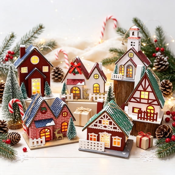 QuickGo Christmas Village House Decoration, Light Up Winter Snow Scene Mini House Figurine, Rustic Holiday Tabletop Ornament for Xmas Home Decor