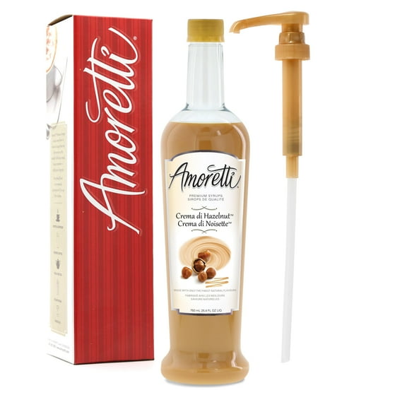 Amoretti - Crema Di Hazelnut™ Syrup, 94 Servings Per Bottle (750 ml), with Pump for Flavoring Coffees, Cocktails, and other Beverages, Gluten Free, GMO/GEO Free, Preservative Free