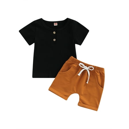 

JYYYBF Toddler Baby Boys 2Pcs Summer Outfits Short Sleeve T-Shirt Letter Print Tops Elastic Waist Shorts Black 18-24 Months