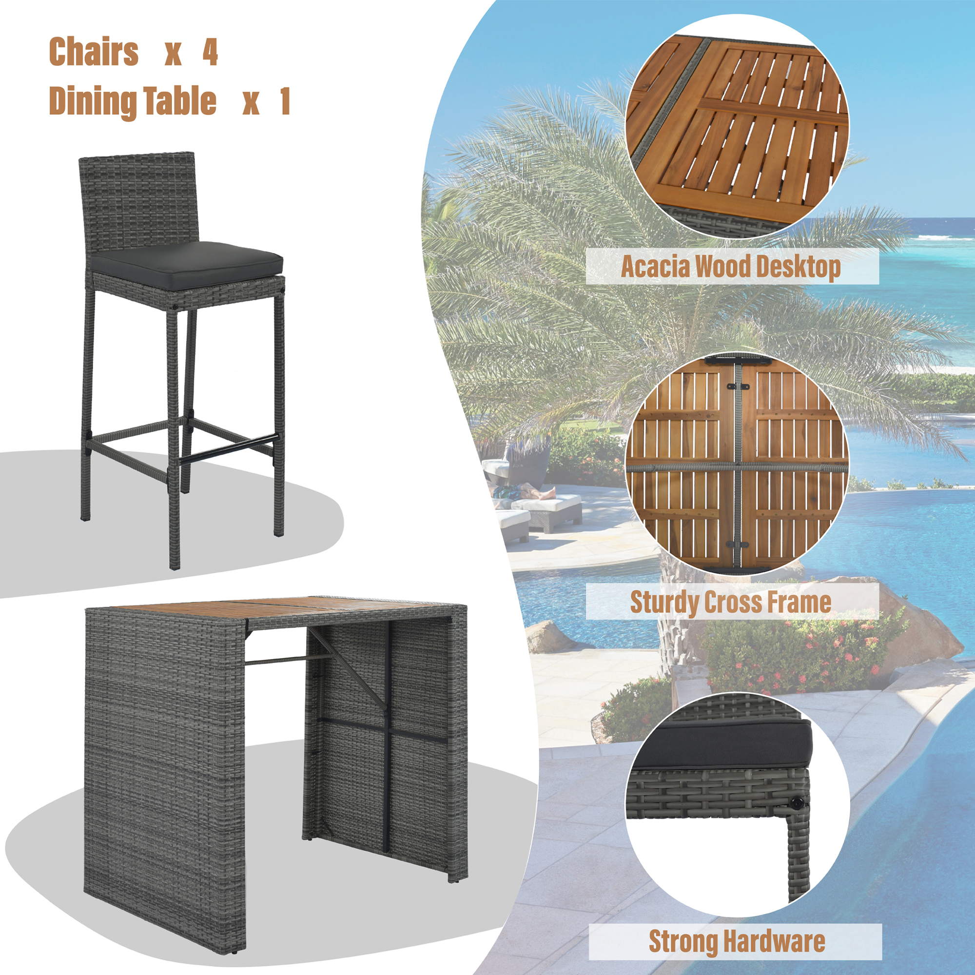 5-pieces Outdoor Patio Wicker Bar Set, Bar Height Chairs With Feet And Fixed Rope, Removable Cushion, Acacia Wood Table , Brown Wood And Gray Wicker - image 3 of 10