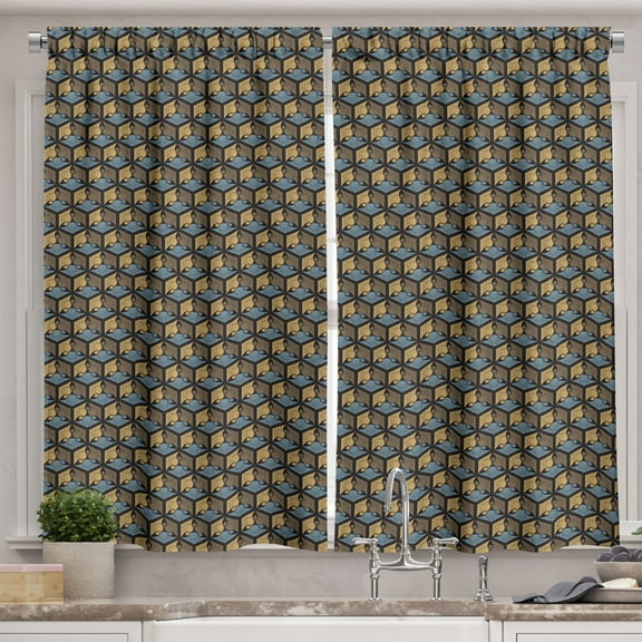 Ambesonne Japanese Kitchen Curtains, Classic Birds, 55"x39", Sand Brown Blue Grey