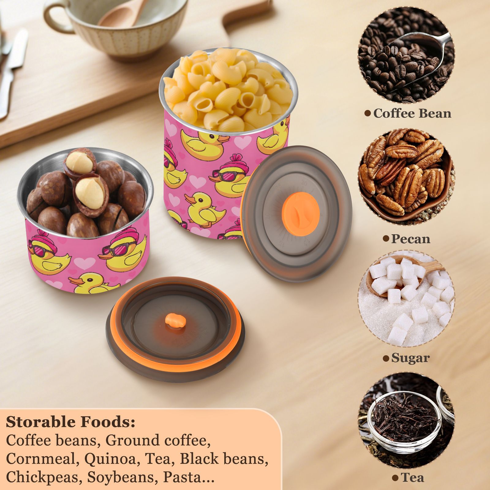 Yellow Duck Hearts Airtight Coffee Bean Canister 30oz Food Storage Containers with Lids For Gournd, Tea, Sugar, Flour, Rice, Cereal, Candy Cookie Jar