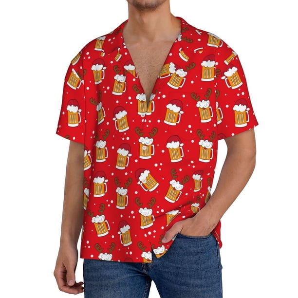 Fotbe Christmas Hat beer Camisa Estampada de Manga Corta para Hombre, Casual de Verano, Estilo Playero, Sin Arrugas-4X-Large