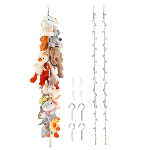 2 Pack Colorful Cotton Hanging Storage Chain for Stuffed Animals, with 40 Metal Clips, Cute Plush Toy Photo Braided Hanger for Wall Corner Nursery Room Decor Organizer
