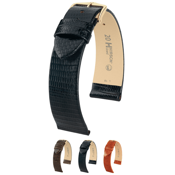Hirsch Lizard Leather Watch Strap - Black - L - 14mm - Gold Buckle - Lizard Leather Band