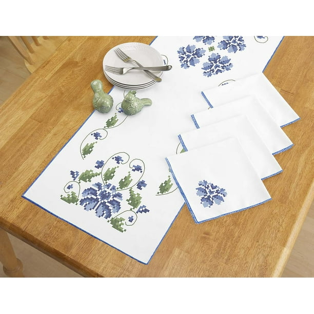 Herrschners® Garden in Blue Table Runner & Napkins Stamped CrossStitch