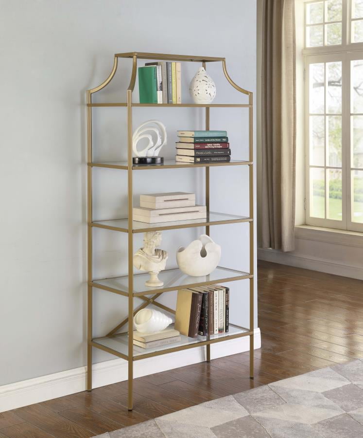 5Tier Tempered Glass Shelves Bookcase Matte Gold ( 804393 ) Walmart