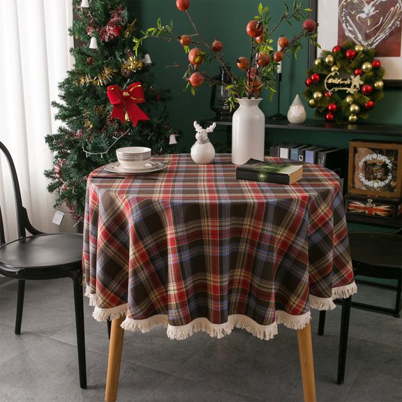 JWshufel Round Linen Checked Tablecloth Christmas Thanksgiving Decorations Washable Dirt Repellent for Dining Living Room Kitchen Banquets Picnics 12.6x11.8x1.2in Multicolor