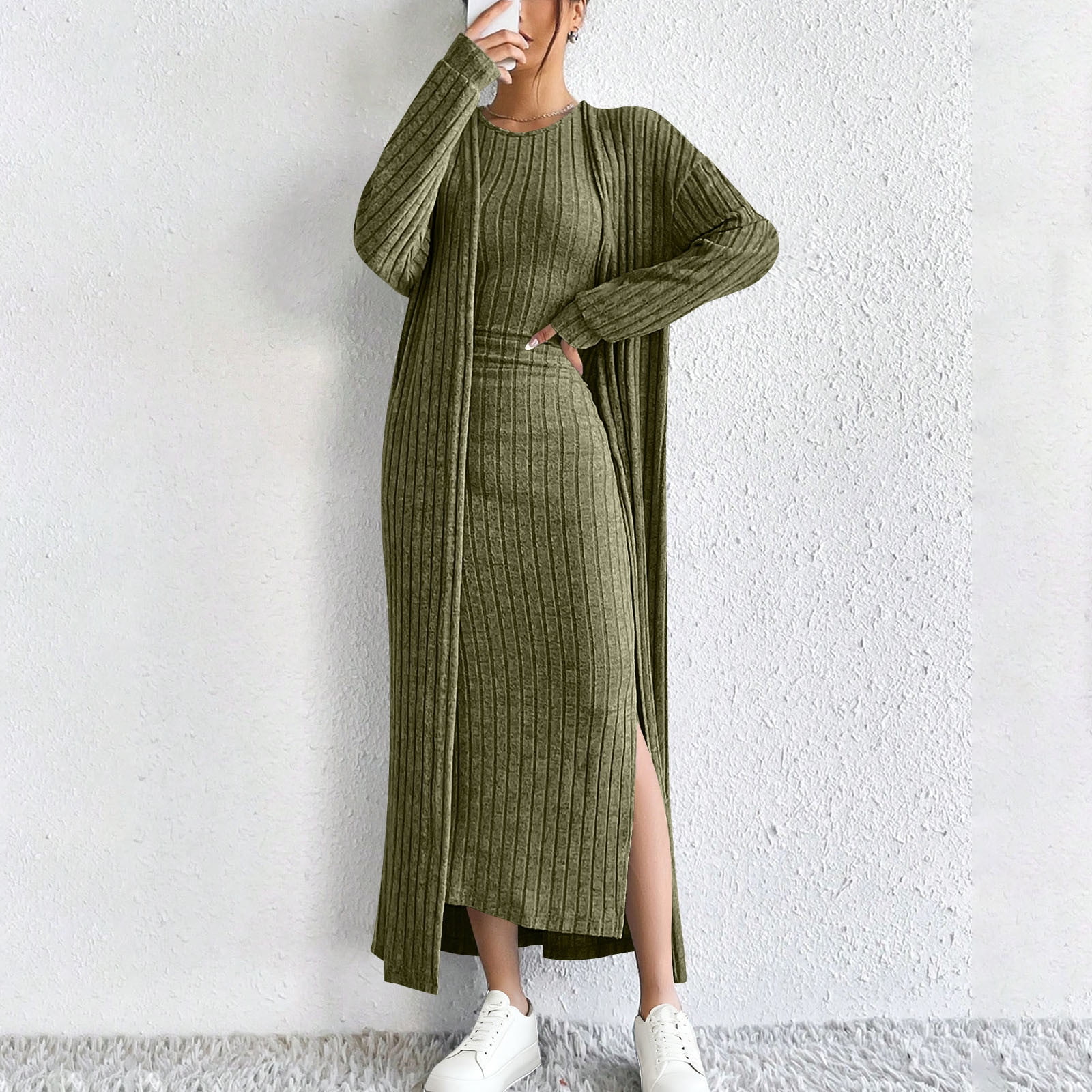 Cadancy Womens Sweater Dress 2 Piece with Robes Long Sleeve Cardigan Set  Tank Ribbed Knit Bodycon Maxi Dresses Lounge Dressy Side Slit Trendy  Outfits - Walmart.com