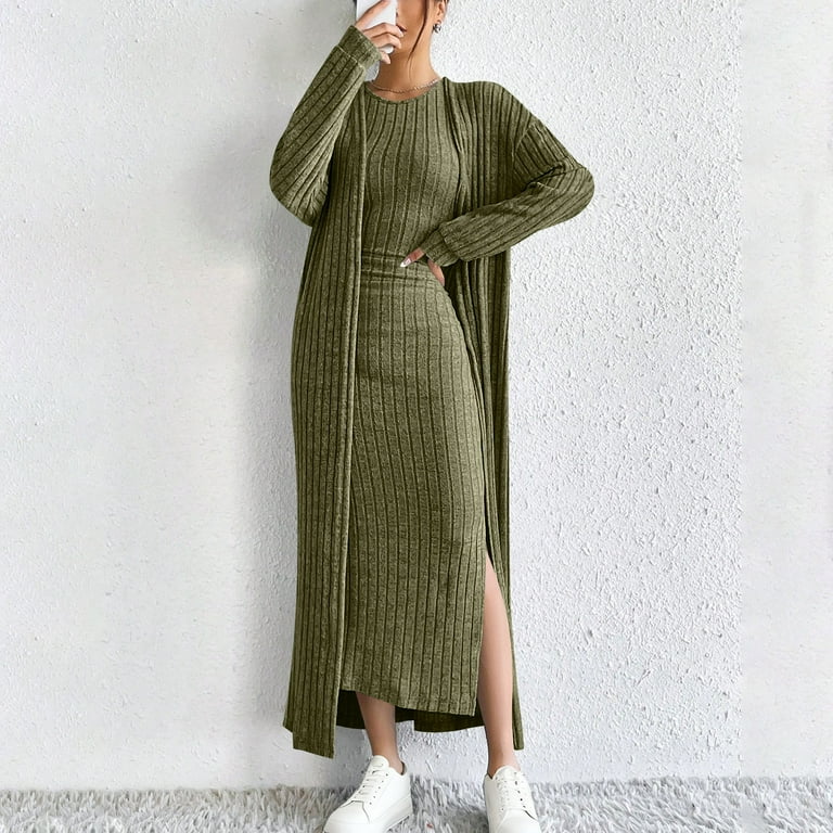 Idoravan Womens Dresses And Long Sleeve Cardigan Women's Fall And Winter  Dress Long Sleeved Jacket Two-piece Set Army Green XL