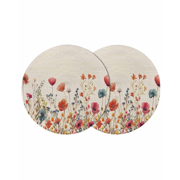 Pink Orange Teal Spring Floral Round 13 Inch Placemats Set of 2, Watercolor Botanical Summer Flowers HeatResistant Non Slip Place Mats for Dining Table, Wipeable Kitchen Table Mats for Housewarming
