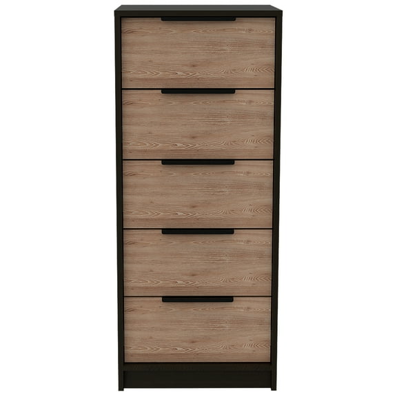 Dresser 42"H, 5 Drawer, Vertical Dresser, Black / Light Oak