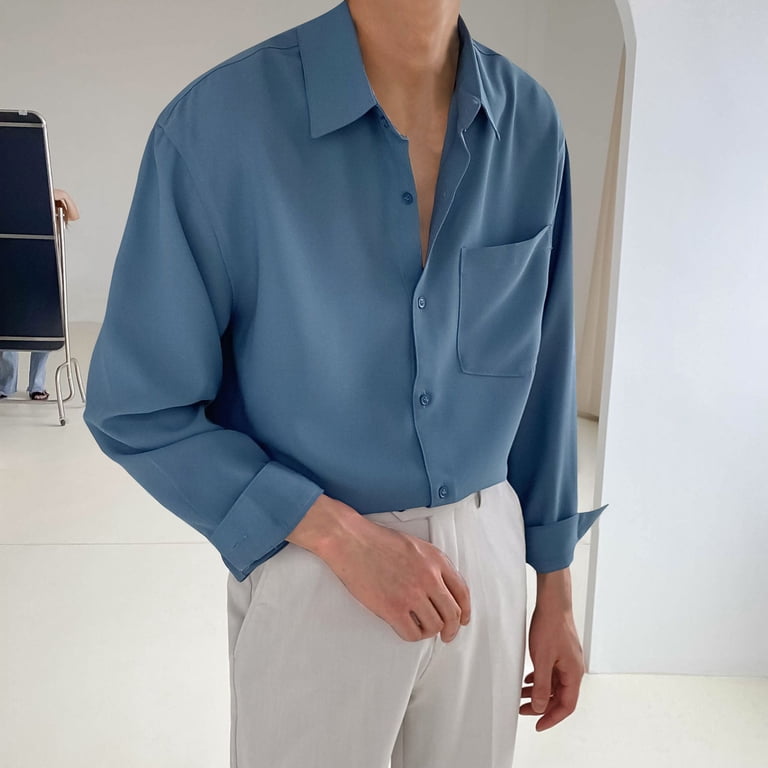 VSSSJ Men's Satin Shirts Long Sleeve Button Down Casual Shirt Relaxed Fit  Lapel Collar Comfortable Trendy Simple Prom Party Shirt with Pocket Light  Blue L - Walmart.com