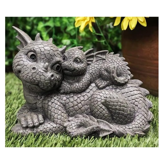 Ebros Whimsical Piggyback Dragon Family Statue 10.25" Long Faux Stone Resin Finish Mother and Baby Animated Dragons Welcome Guest Greeter Decor Figurine