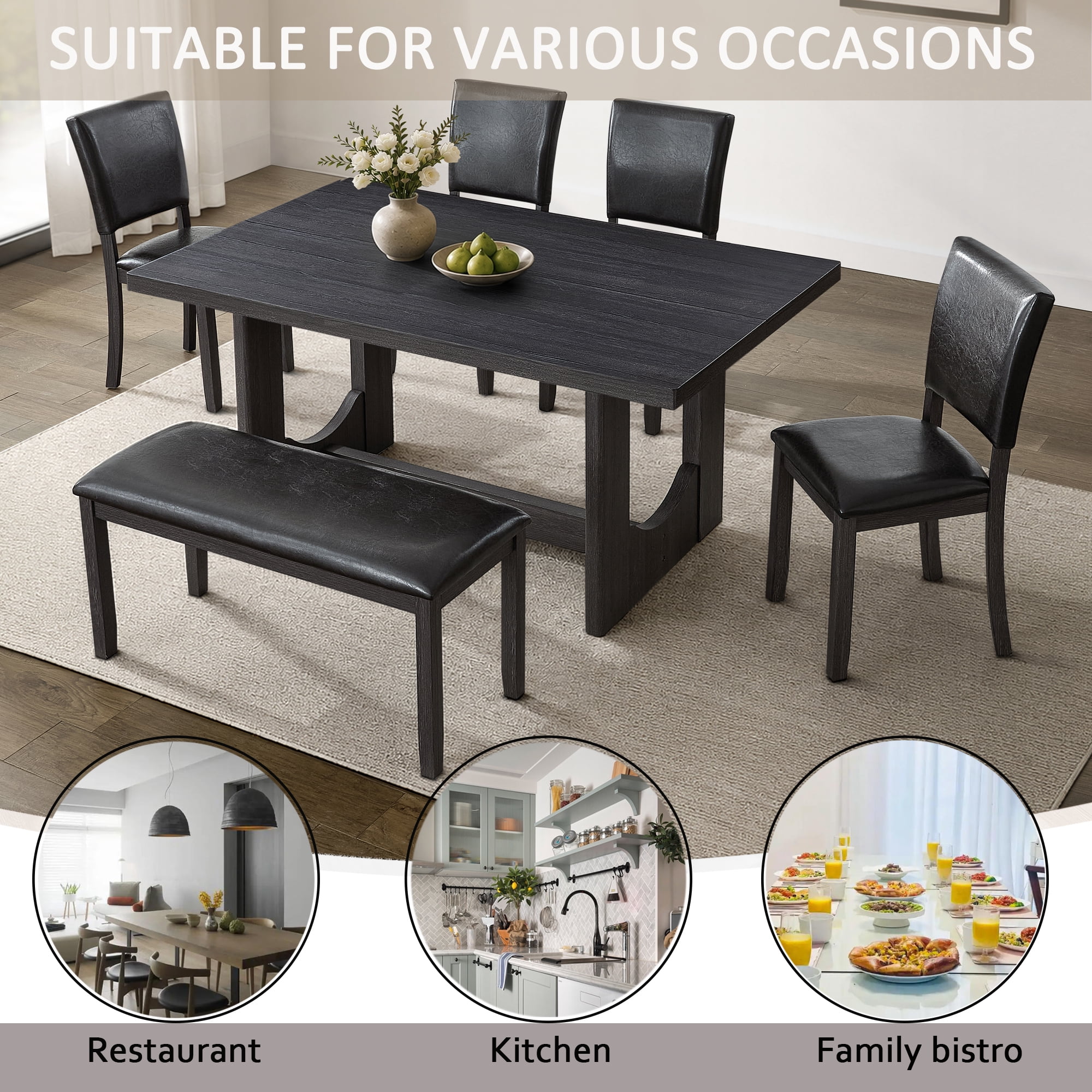 6-Piece Dining Table Set for 6, 57" Wood Rectangular Kitchen Table with 4 PU Leather Chairs & Bench