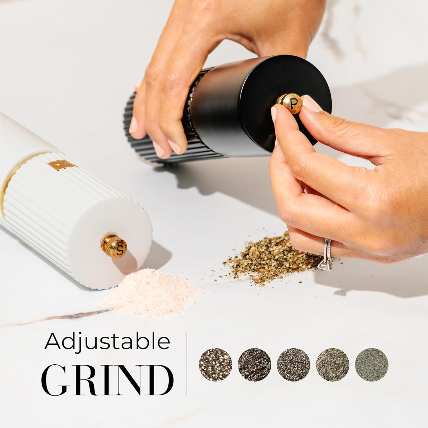 Styled Settings White and Black Salt and Pepper Grinder Set with Gold Accents – Manual Wooden Mills with Adjustable Ceramic Grinders and Stand – Set of two