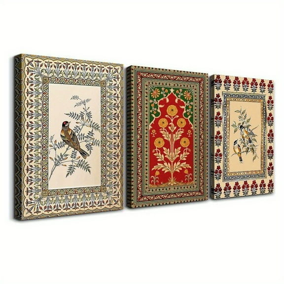 3pcs Wooden Framed Canvas Poster indian folk art, indian flowers, indian vintage art, Creative Waterproof Canvas Posters, Bedroom, Office, Living Room, Cafe, Bar, home and dormitory wall decoration