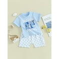 thumbnail image 3 of Suealasg Kids Baby Boys Summer Outfits 6M 1T 2T 3T Short Sleeve Letter Print T-Shirts Tops Elastic Waist Checkerboard Shorts 2Pcs Causal Beach Vacation Clothes for Toddler Boys, 3 of 9