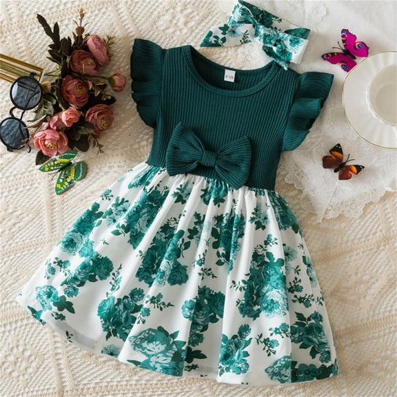 Spazoro Toddler Girls Dresses, Butterfly Print Round Neck New Style Short Sleeve Princess Dress for Child Girls Green Size 9 Months