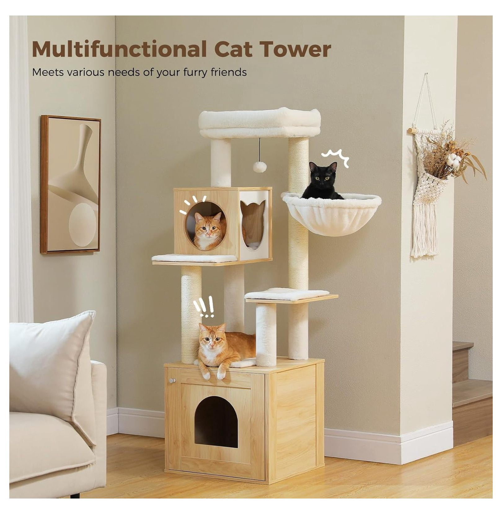 Cat Tree with Litter Box, 57.5" Indoor Cat Tower Beige