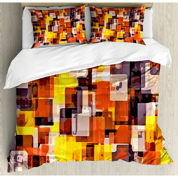 Abstract Duvet Cover Set, Geometrical Modern and Cool Painting Like Design Art, Decorative 3 Piece Bedding Set with 2 Pillow Shams, King Size, Orange Yellow and White, by Ambesonne