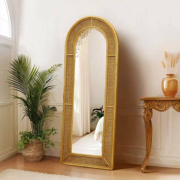 60''x24'' Handmade Arched Rattan Full-Length Mirror, Fitting Into Bedrooms, Living Rooms, Entryways.