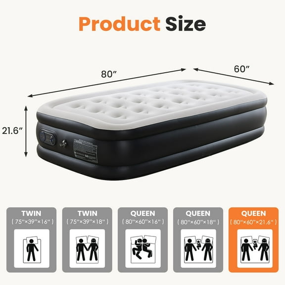 LIFERECORD Queen Size 22" Air Mattress with Built-in Pump for Home and Travel