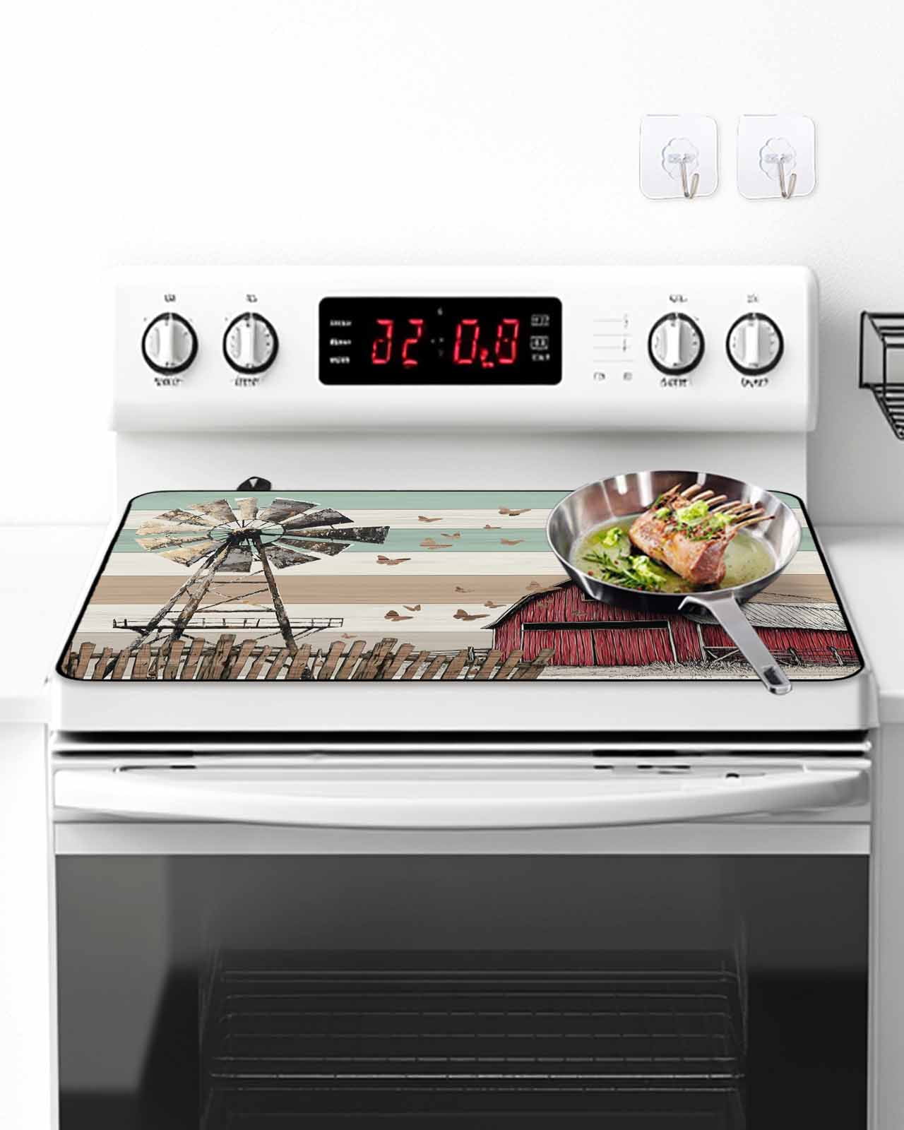 Stove Top Covers for Electric Stove, Windmill Farmhouse Glass Stovetop Cover Protector, Vintage Teal Brown Wooden Butterfly Induction Cooktop Protector Oven Mat for Kitchen Countertop 24"x21"