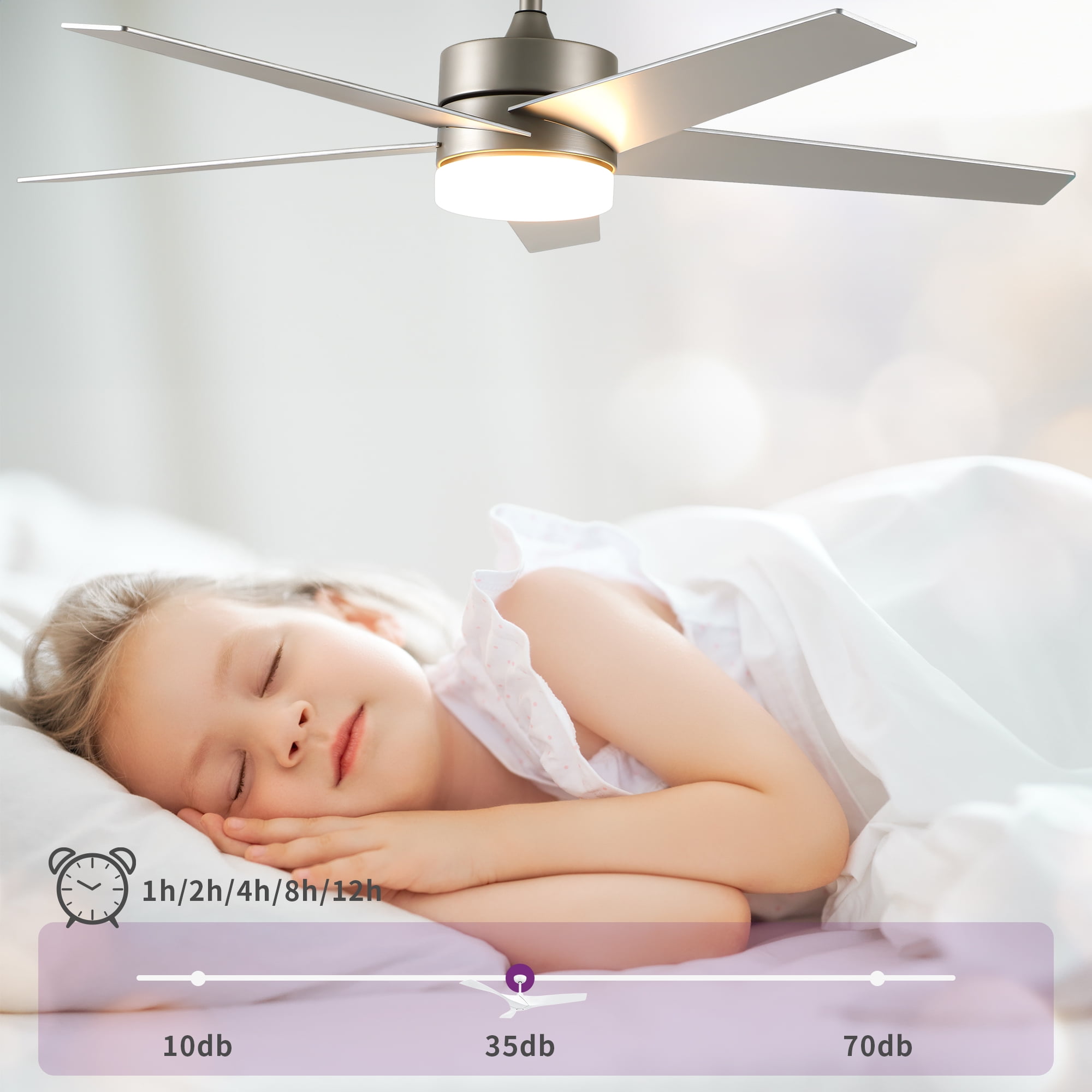 Uforic 52" Modern Ceiling Fan with 5-Blade Ceiling Fan with Dimmable Tri-Color Light for Bedroom, Living Room, Silver