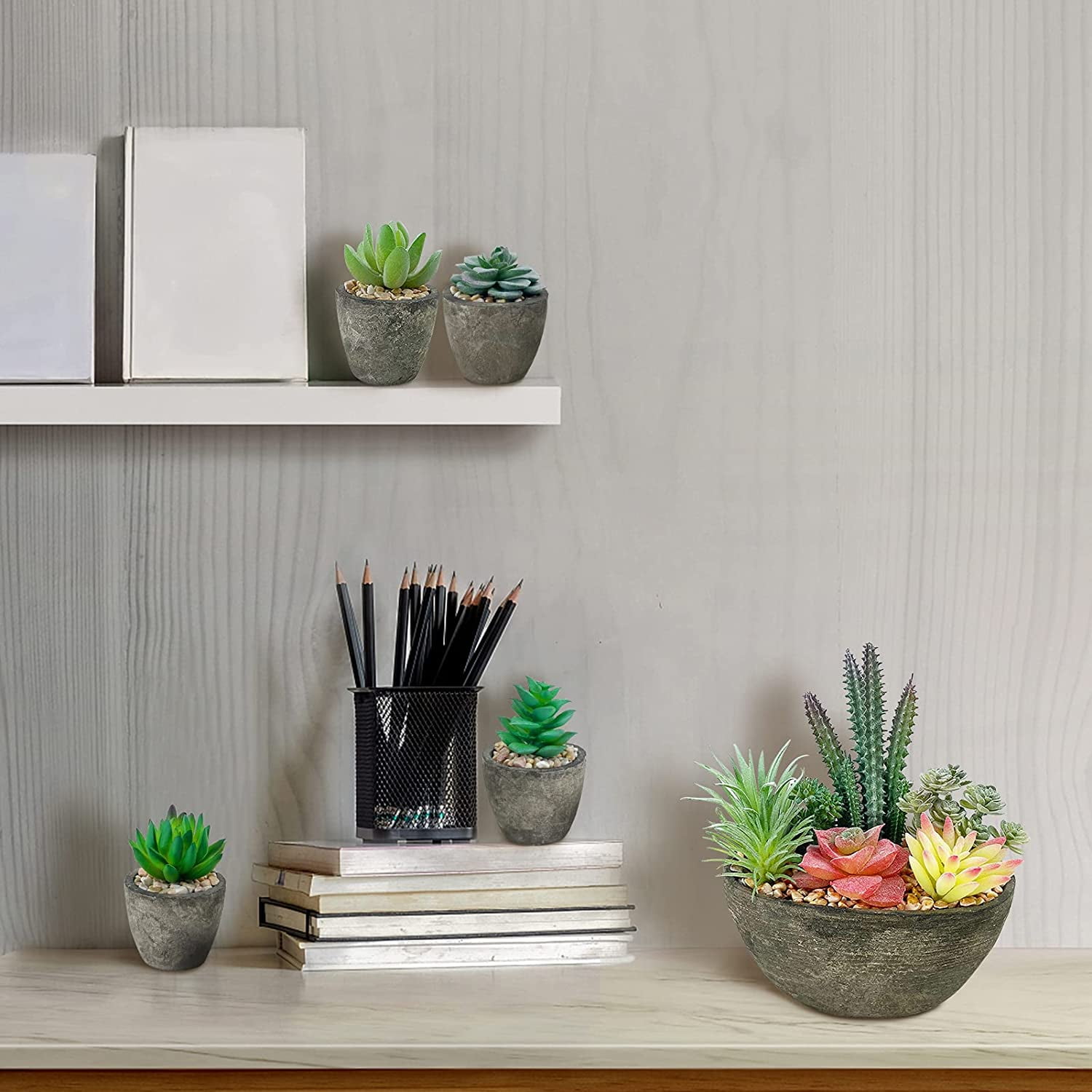 5 Pack Artificial Plant, Fake Succulent, Artificial Flowers with Cement like Pots for Home Office Decoration, Green